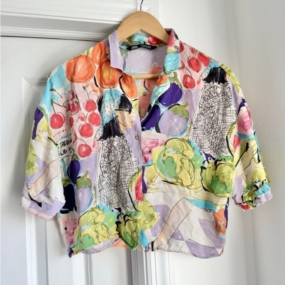 Zara Abstract Fruit Girl Button Up cropped shirt size small 100% viscose - Picture 2 of 4